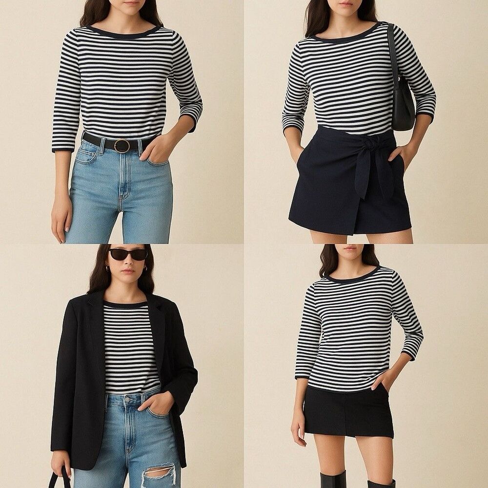 COS Womens L Striped Pullover Sweater 3/4 Sleeve Boat Neck Navy Blue White